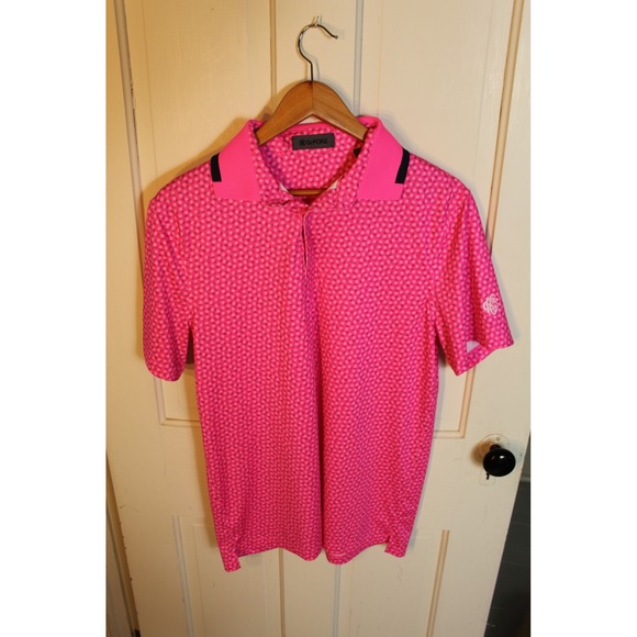 G/FORE Mens Golf Polo Shirt Medium Pink Geometric Print Short Sleeve Athletic - Picture 1 of 5